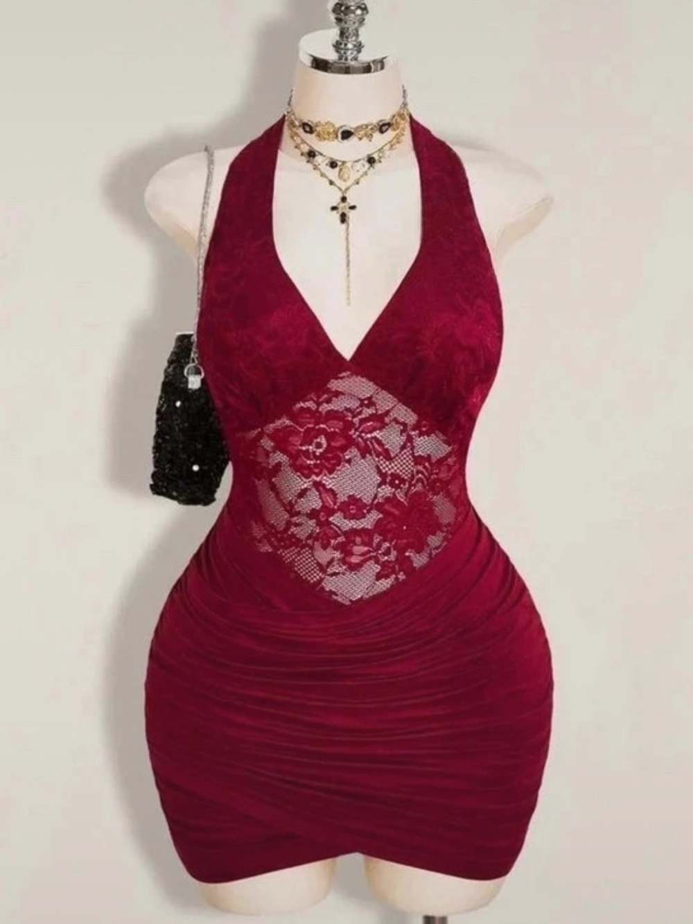 SHEIN Burgundy Lace Halter Ruched Mini Dress